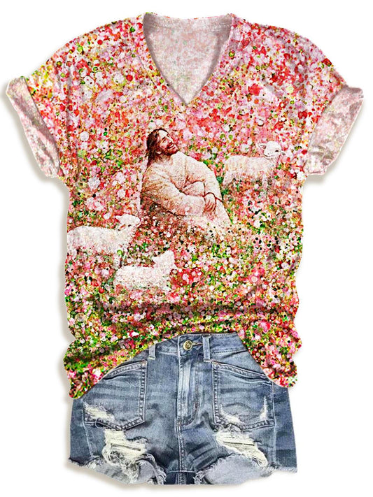 Women's Valentine's Day Flower Jesus Print V-Neck T-Shirt