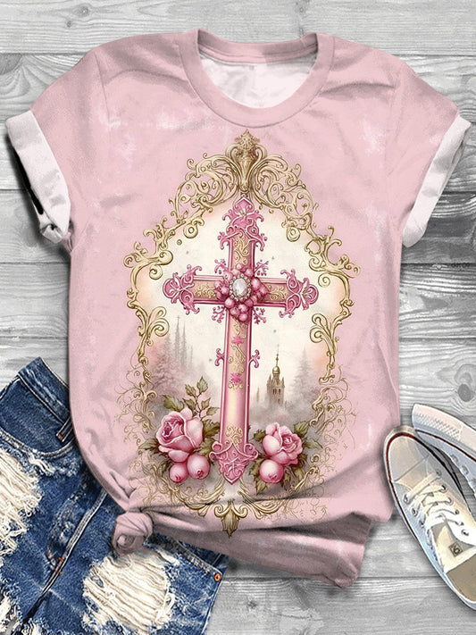 Pink Cross Print Crew Neck T-shirt