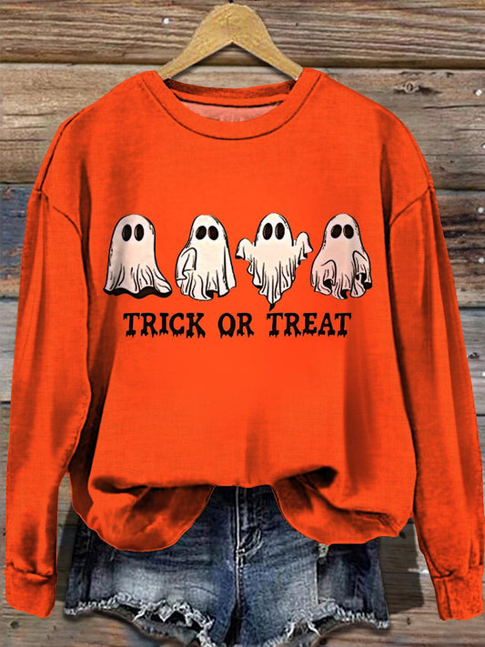 Women's Halloween Cute Little Ghost Round Neck Long Sleeve Top