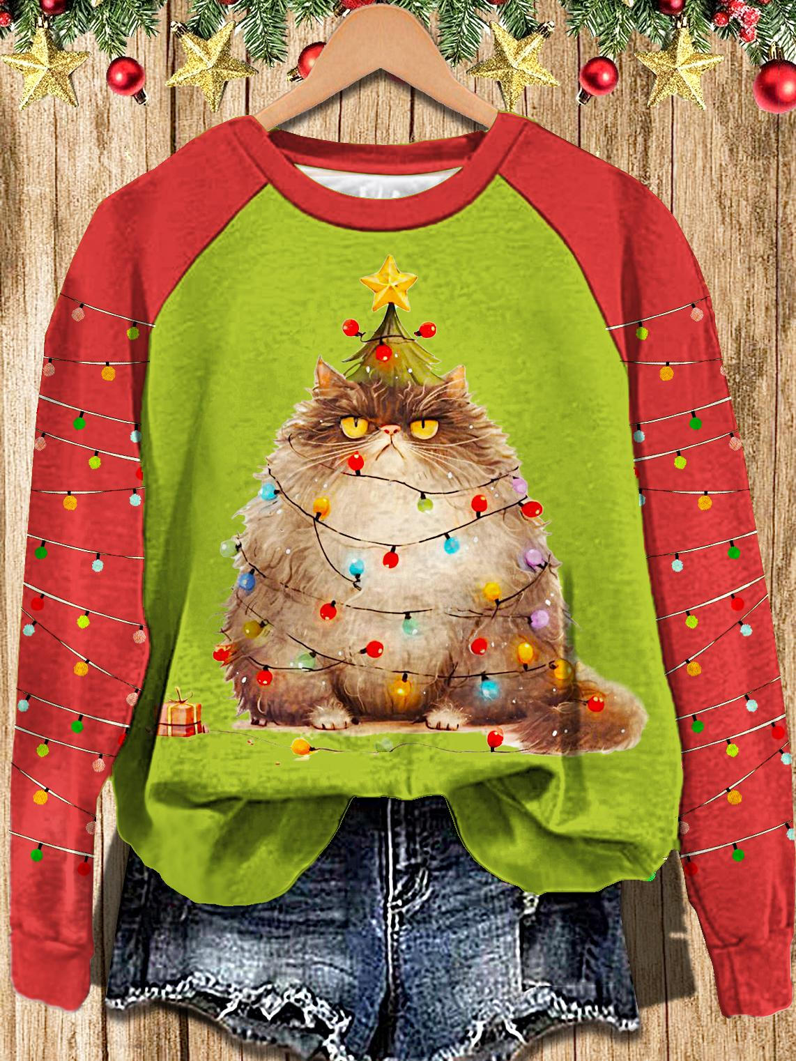 Women's Christmas Lights Cat Long Sleeve Casual Top