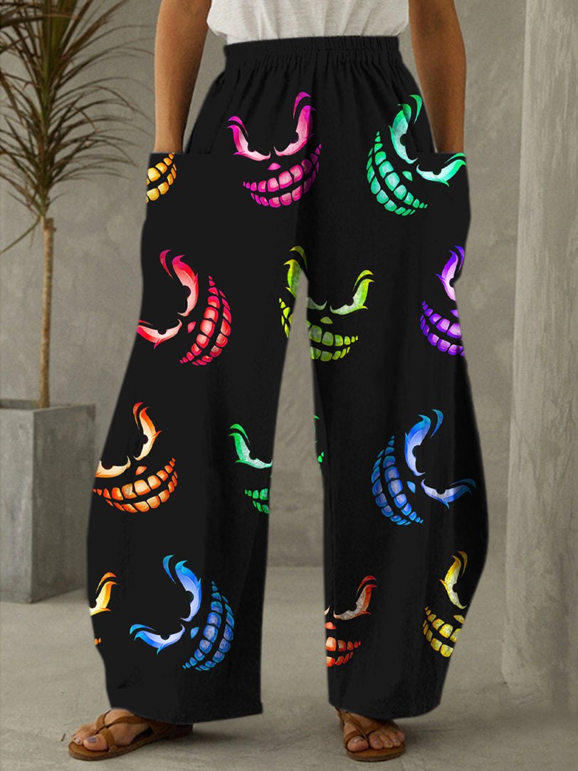 Women's Halloween Colorful Devil Smile Print Casual Pants