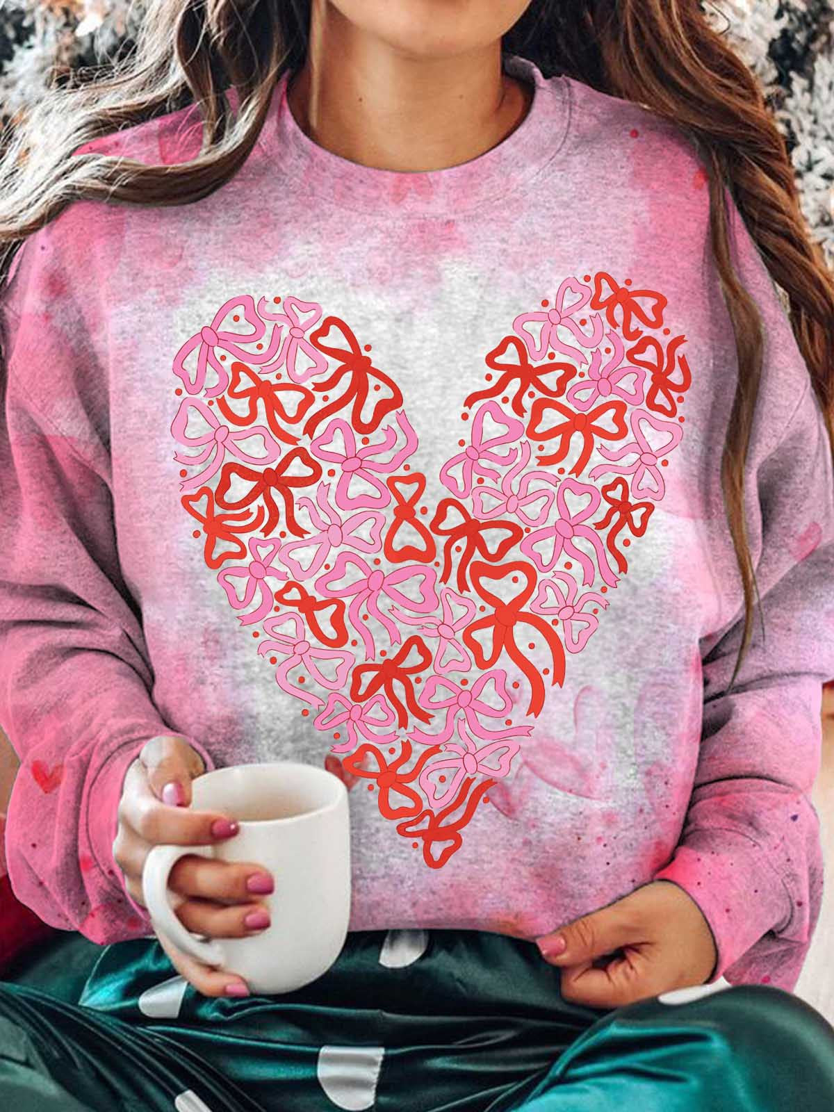 Bow Heart Valentine's Day Print Long Sleeve Casual Top