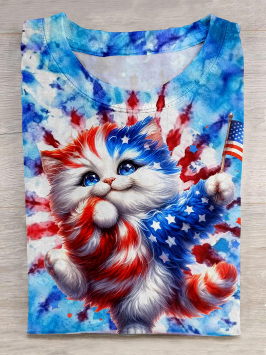 Cute Cat Print For Independence Day Crew Neck T-shirt