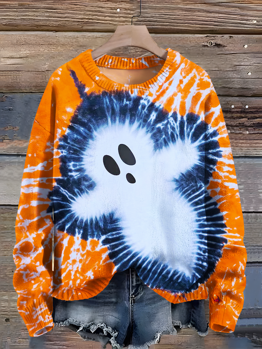 Ghost Tie Dye Print Casual Crew Neck Pullover Sweater