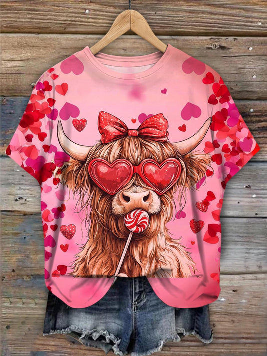 Highland Cow Valentine's Day Crew Neck T-shirt