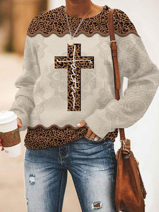 Leopard Faith Print Round Neck Long Sleeve Top