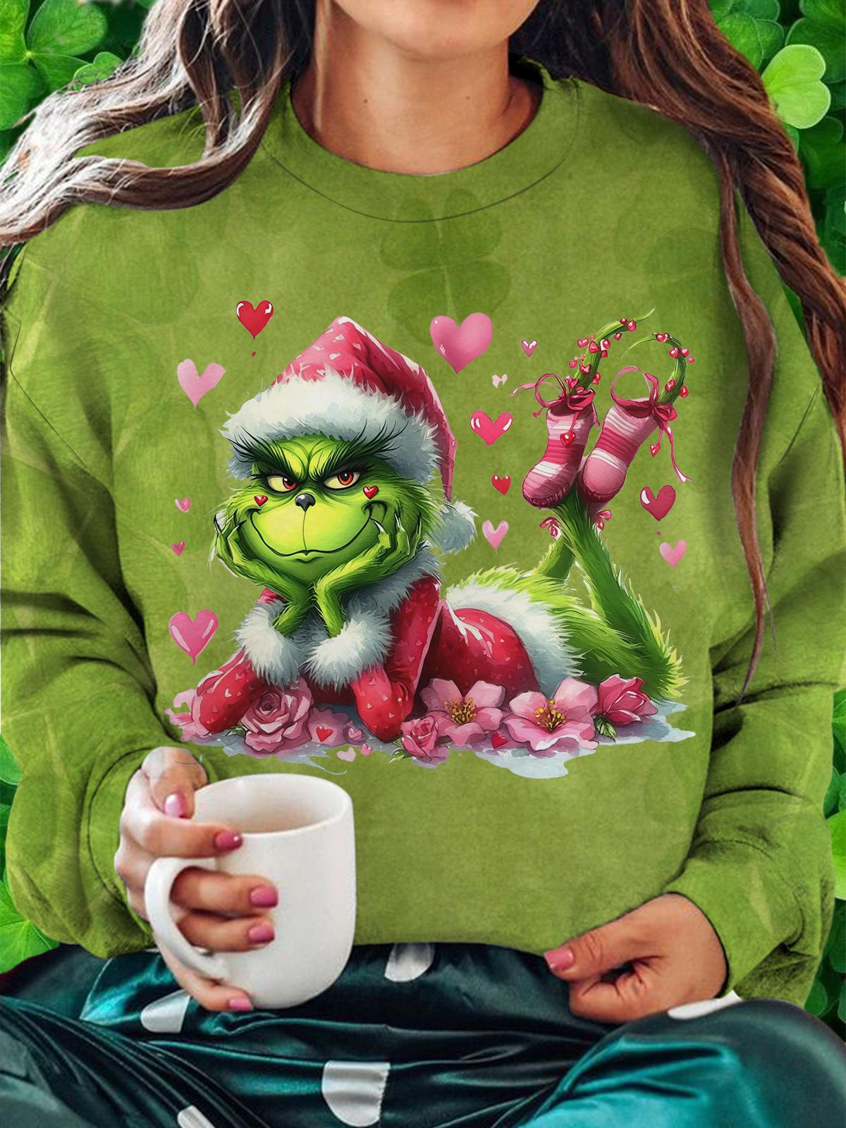 Green Monster Valentines Printed Long Sleeve Casual Top