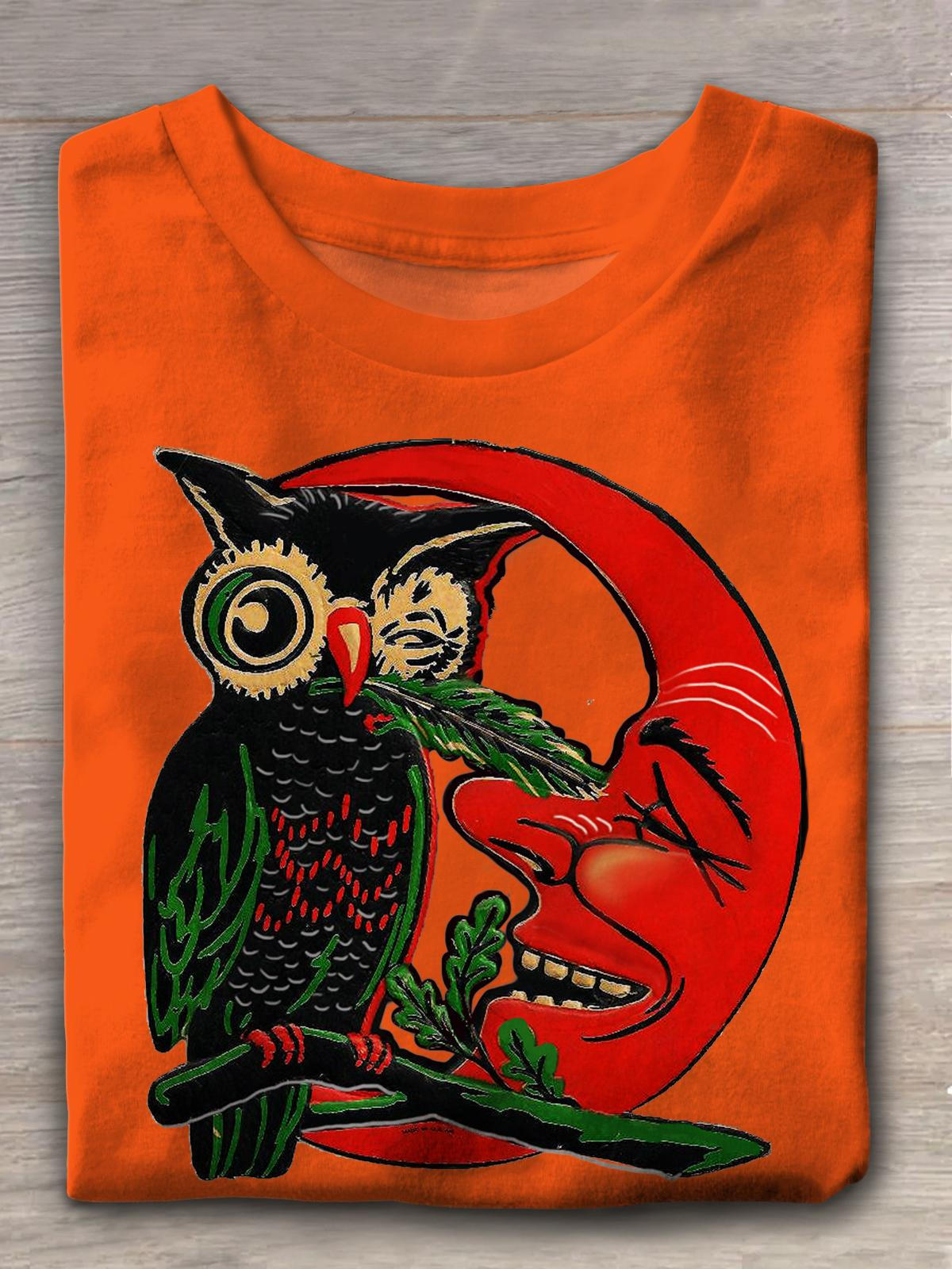 Cute Owl Moon Vintage Print T-shirt