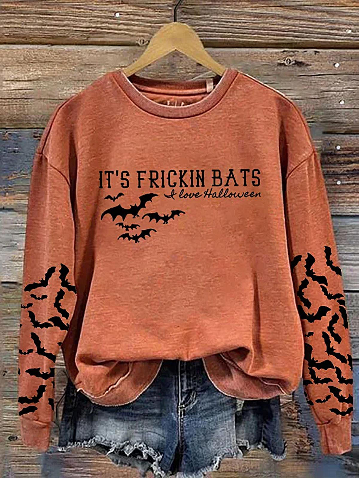 Women's It's Fricking Bats I Love Halloween Round Neck Long Sleeve Top