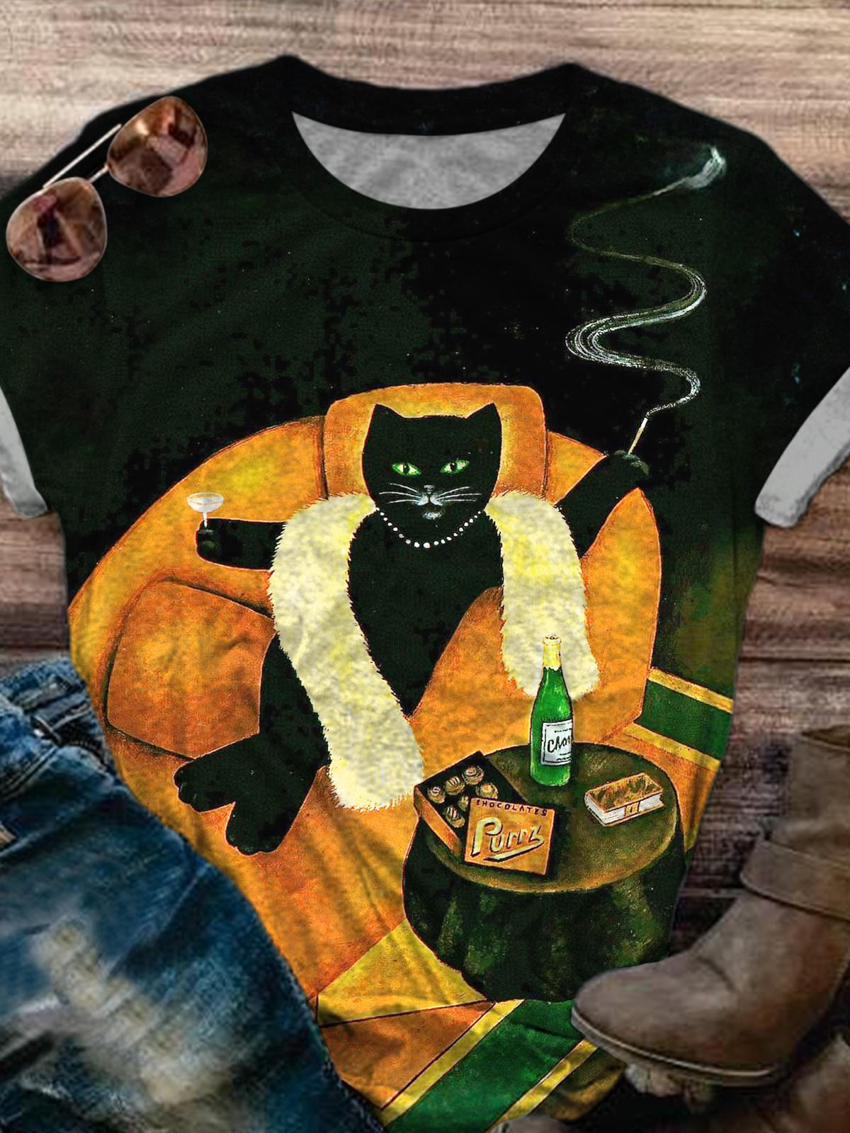 Women's Rich Lady Cat Cigarette Wine Printed Casual T-shirt