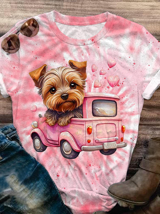 Women's Valentine's Day Cute Dog Car Illustration Print Tie-Dye T-Shirt