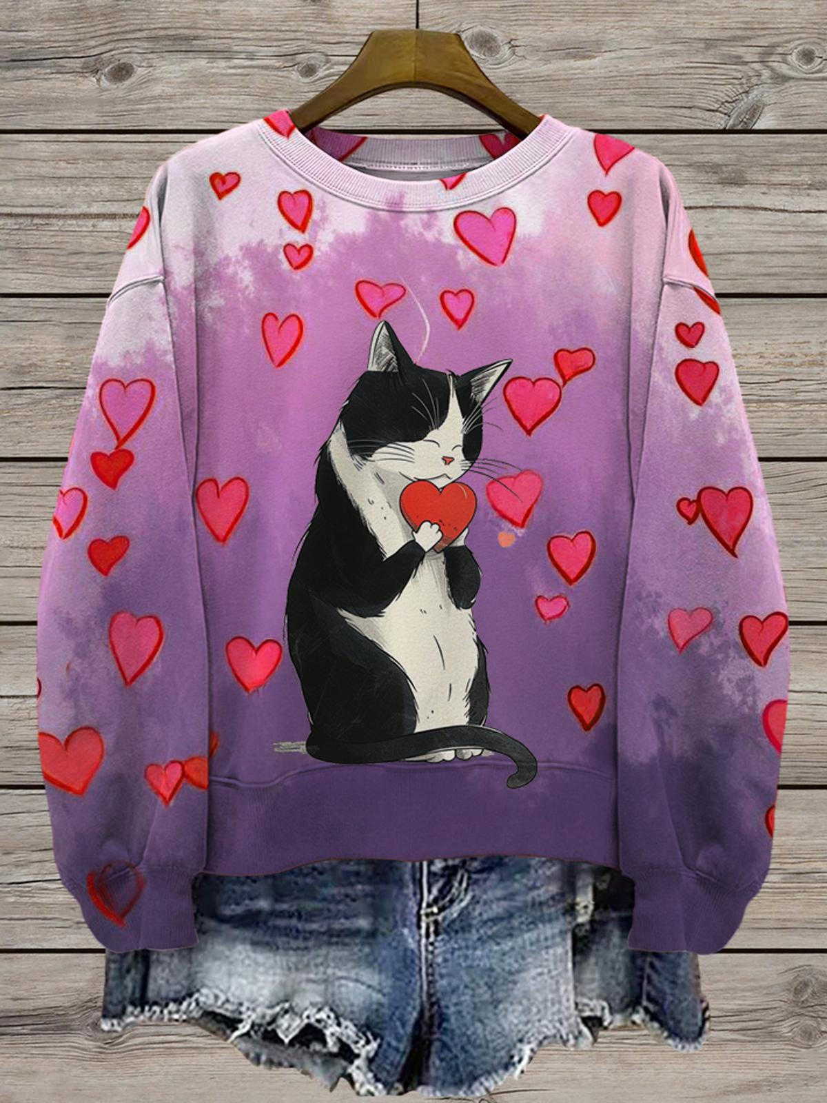 Women's Valentine's Day Cat Print Long Sleeve Casual Top