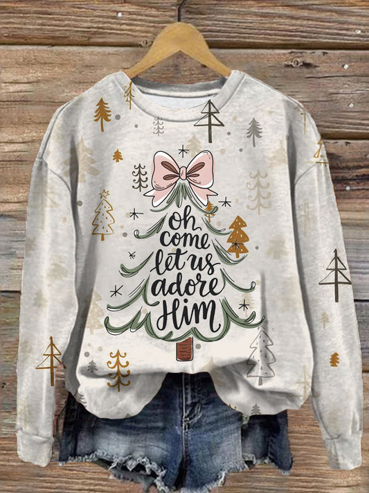 Coquette Christmas Tree Jesus Printed Long Sleeve Casual Top