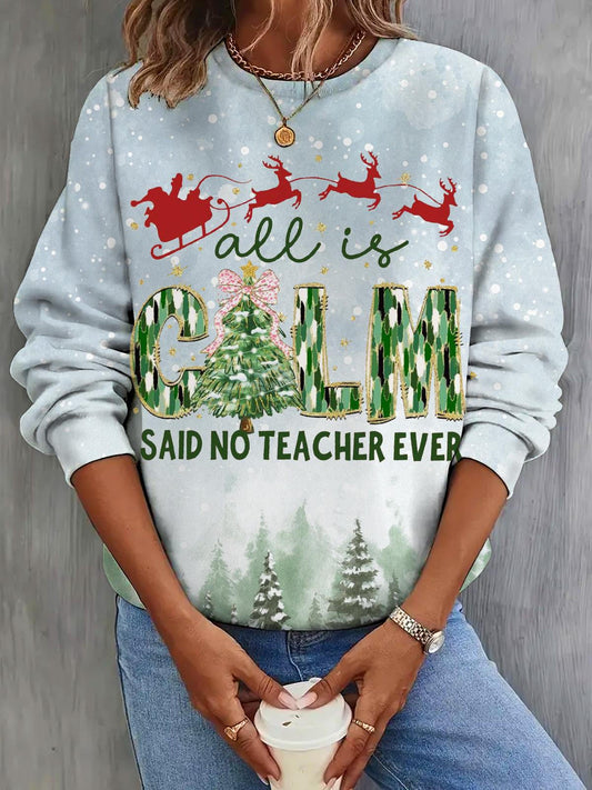 All Is Calm Christmas Forest Snow Print Long Sleeve Top