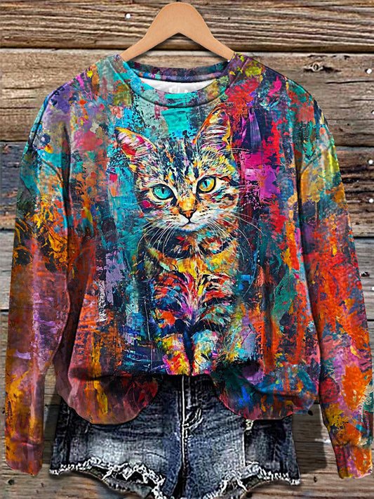 Women's Colorful Cat Printed Long Sleeve Casual Top