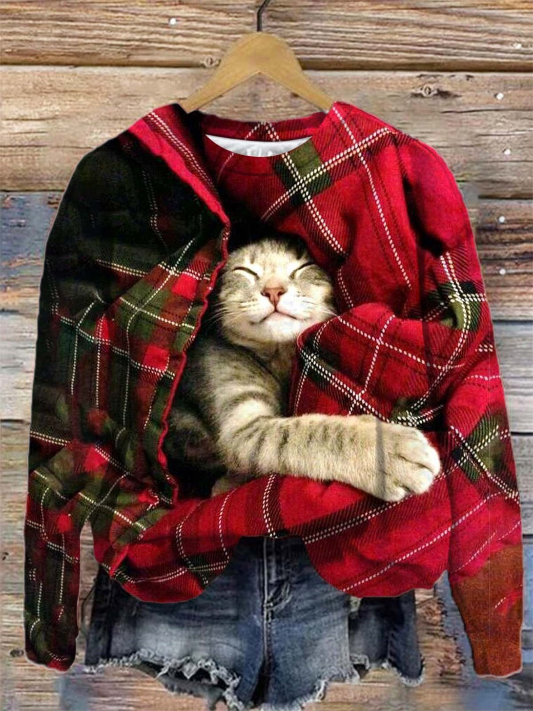 Women's Plaid Cat Print Round Neck Long Sleeve Top