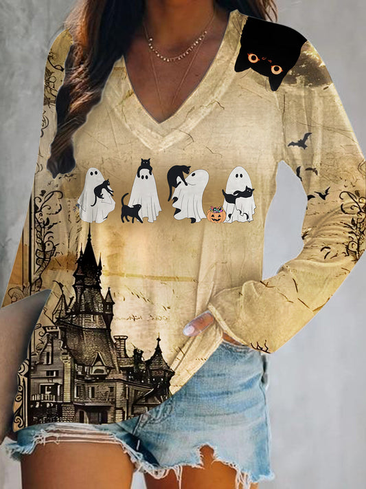 Halloween Fun Ghost Print V-Neck Long Sleeve Top