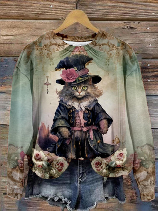 Lord Floral Cat Crew Neck Long Sleeve Casual Sweatshirt