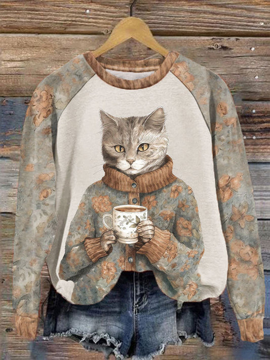 Women's Funny Cute Floral Cat Long Sleeve Casual Top