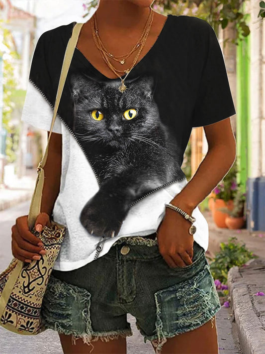 Funny Cat Print V-Neck Short Sleeve T-Shirt