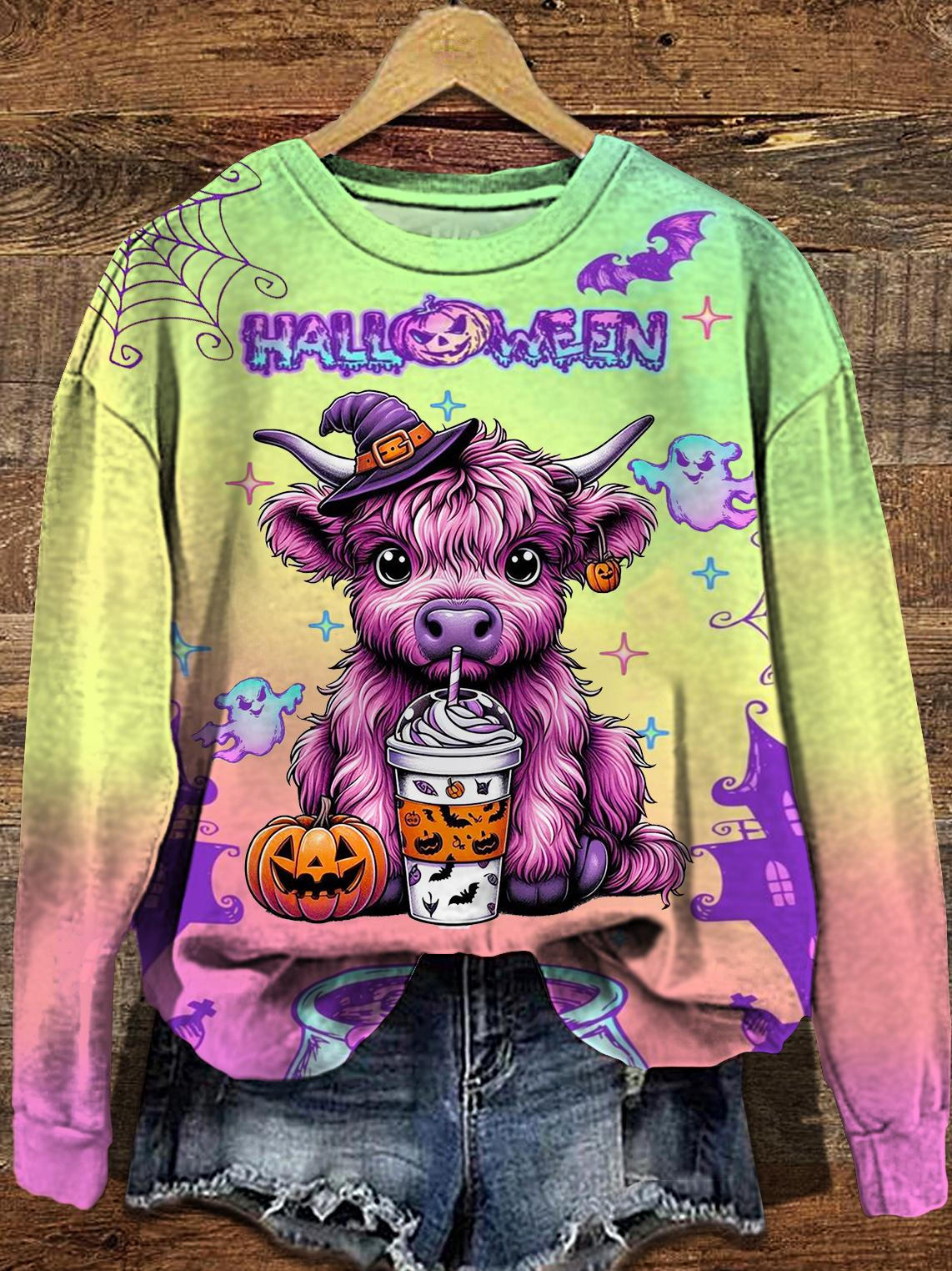 Women's Cute Halloween Highland Cow Long Sleeve Casual Top