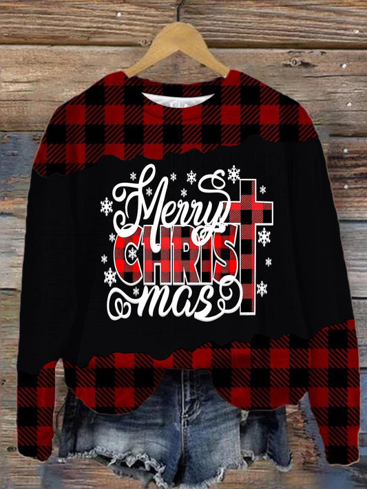 Merry Christmas Plaid Cross Long Sleeve Top