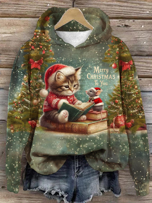 Christmas Cute Cat and Opossum Print Long Sleeve Top