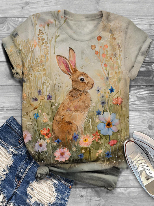 Women's Cute Rabbit Floral Print Casual T-Shirt