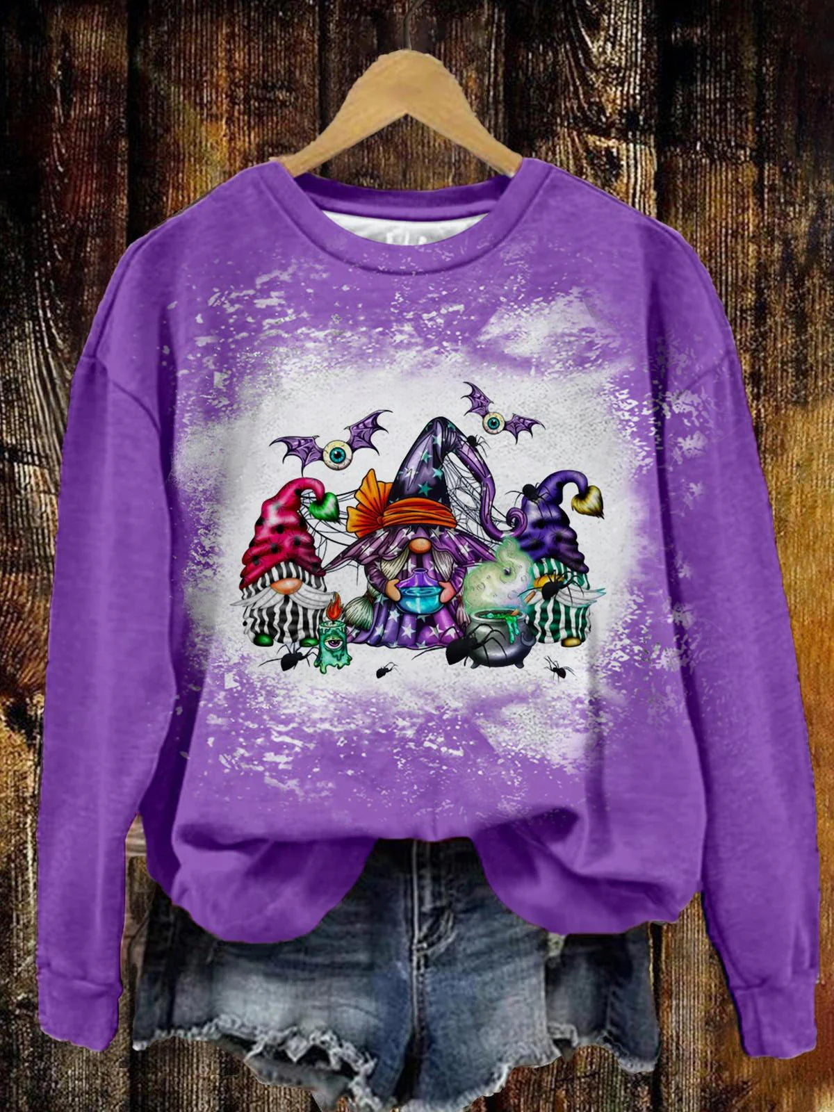 Halloween Dwarf Bat Print Casual Long Sleeve Sweatshirt