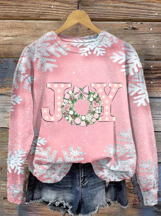 Snowflake Joy Print Round Neck Long Sleeved Top