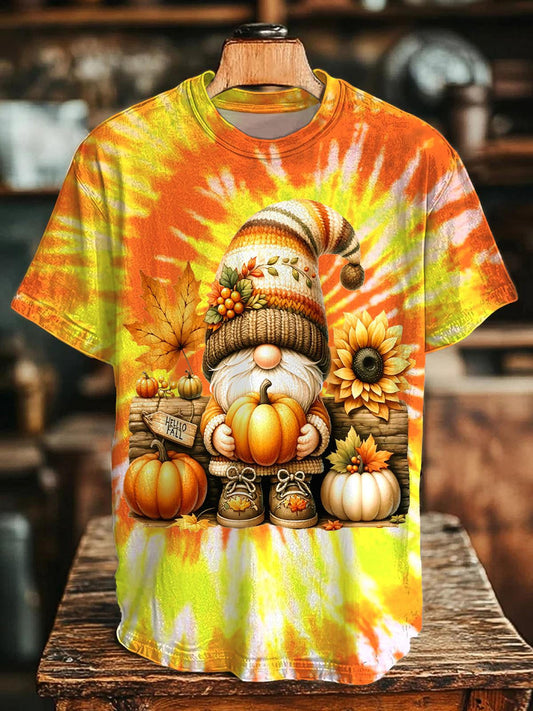 Autumn Pumpkin Gnome Print Crew Neck T-shirt