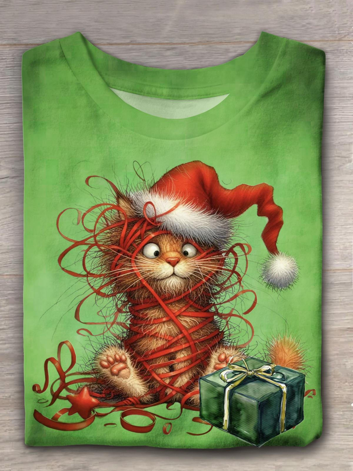 Funny Christmas Cat Crew Neck T-shirt