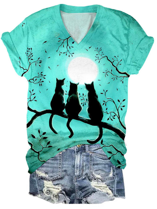 Black Cats Print V Neck T-Shirt