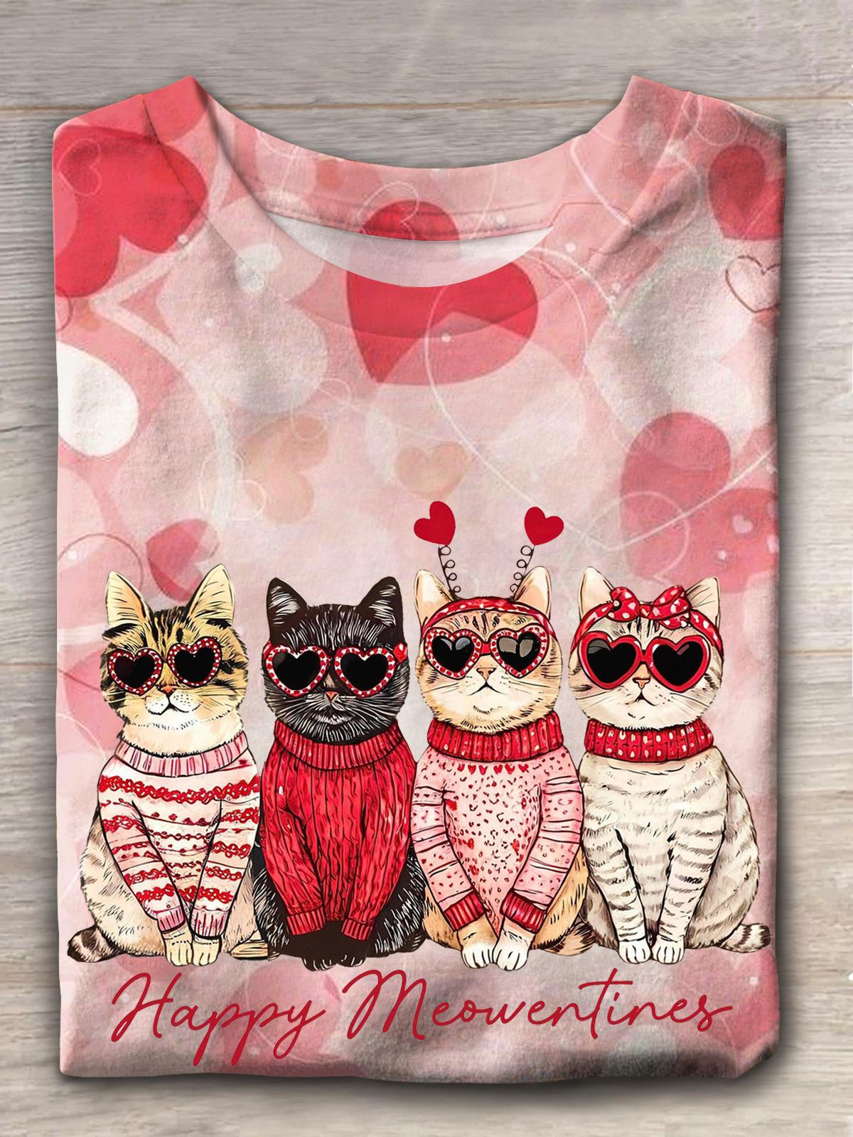 Women's Valentine Cat Crew Neck T-shirt