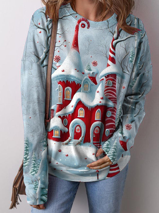 Women's Christmas Castle Snow Scene Print Long Sleeve Top