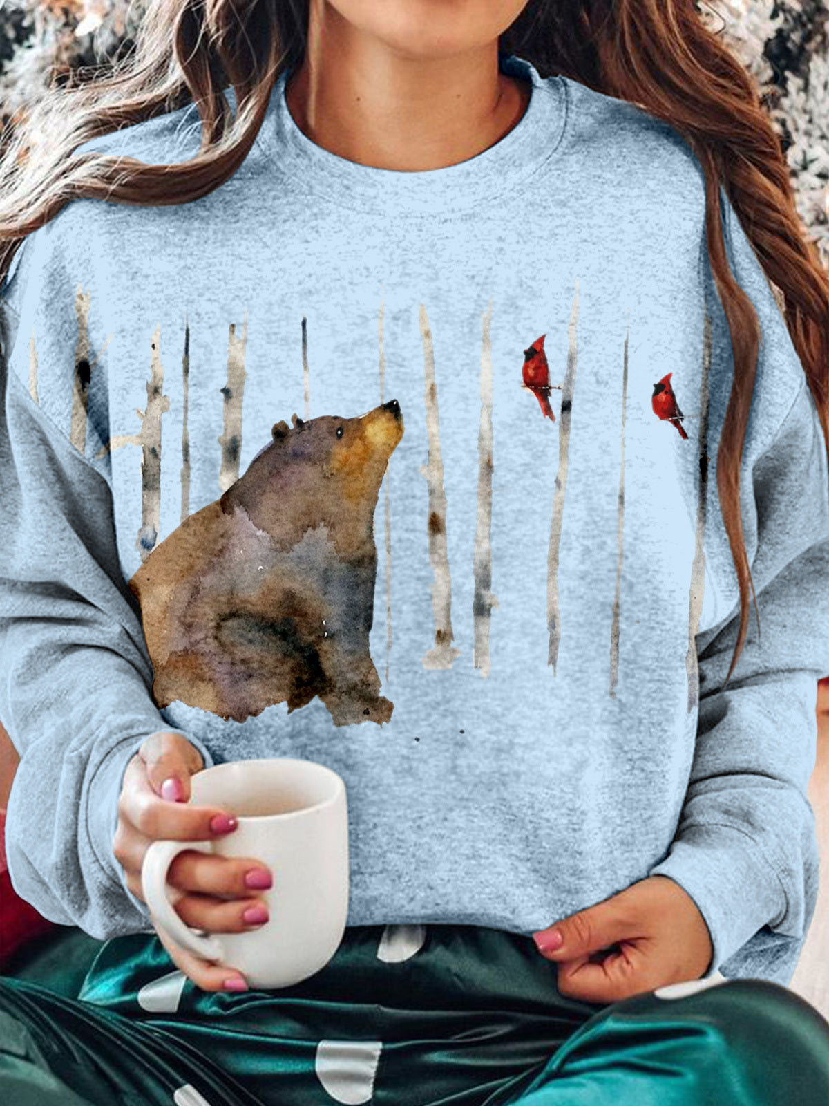 Women's Winter Bear Red Bird Print Long Sleeve Top