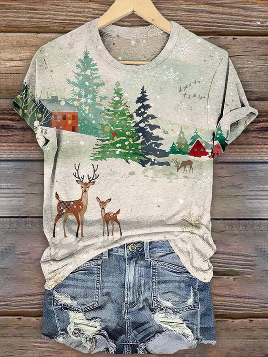 Women's Christmas Elk Christmas Tree Snow Scene Print T-shirt