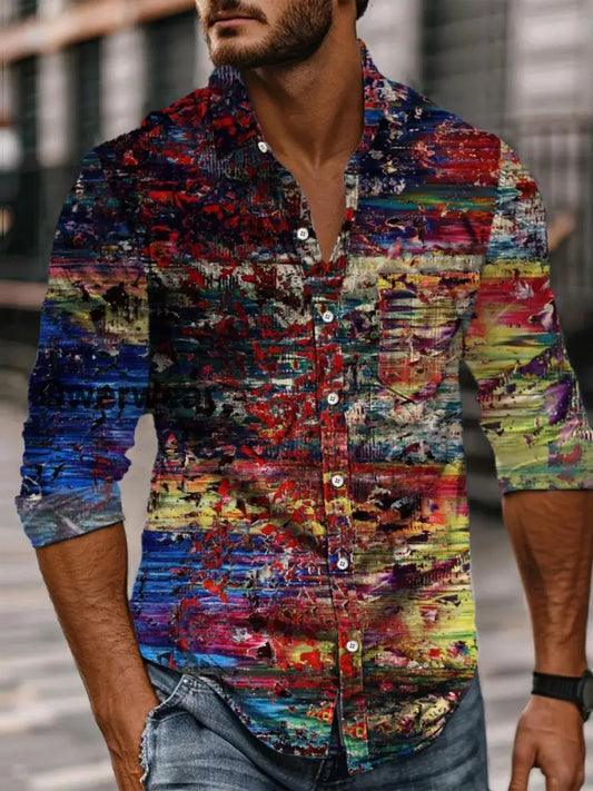 Retro Abstract Gradient Art Print Casual Long Sleeve Shirt A / S Mens shirts