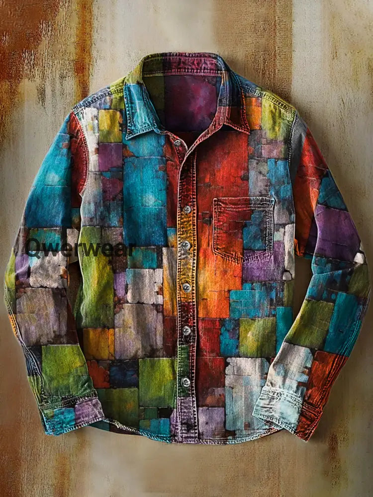 Retro Abstract Gradient Art Print Casual Long Sleeve Shirt A / S Mens shirts