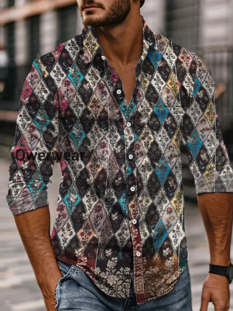 Retro Abstract Gradient Art Print Casual Long Sleeve Shirt A / S Mens shirts