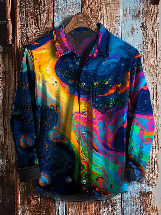 Retro Abstract Gradient Art Print Casual Long Sleeve Shirt A / S Mens shirts