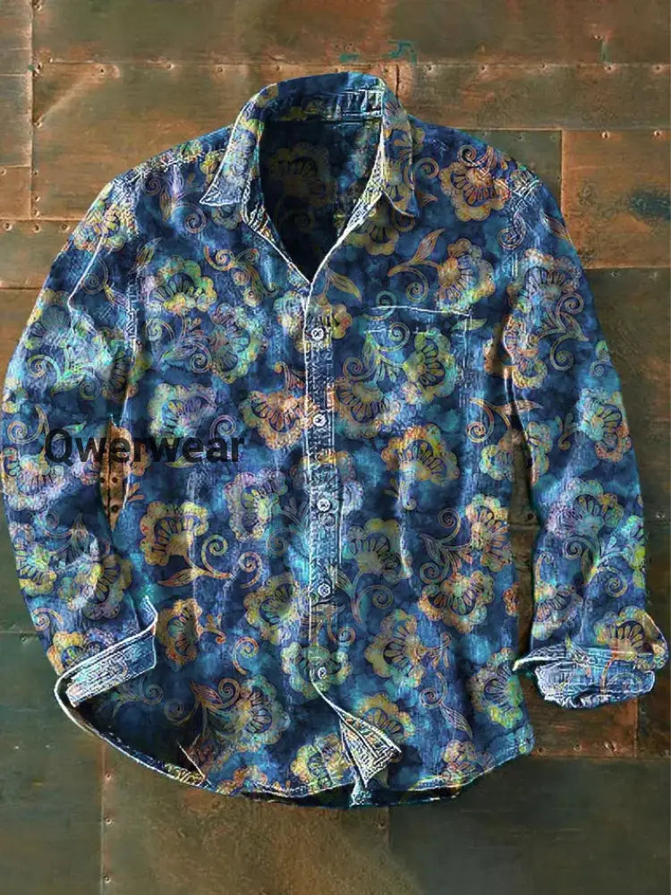 Retro Abstract Gradient Art Print Casual Long Sleeve Shirt Multicolor / S