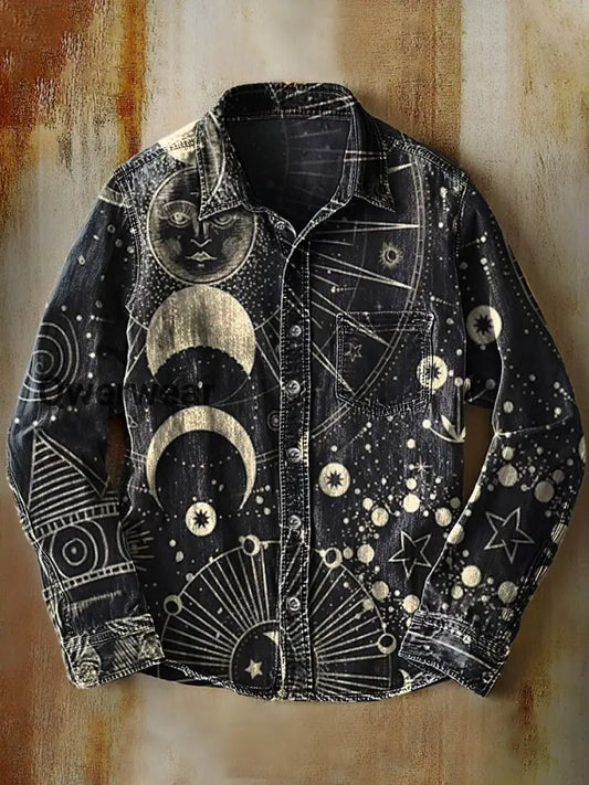 Retro Abstract Gradient Astrology Art Print Casual Long Sleeve Shirt A / S
