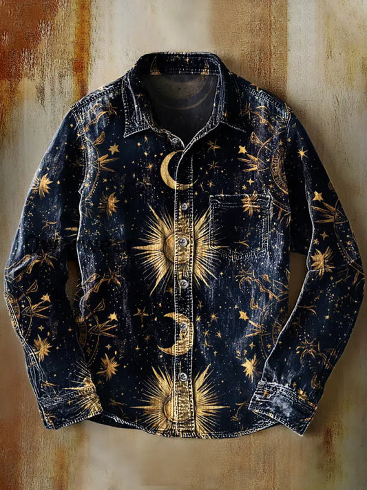 Retro Abstract Gradient Astrology Art Print Casual Long Sleeve Shirt A / S
