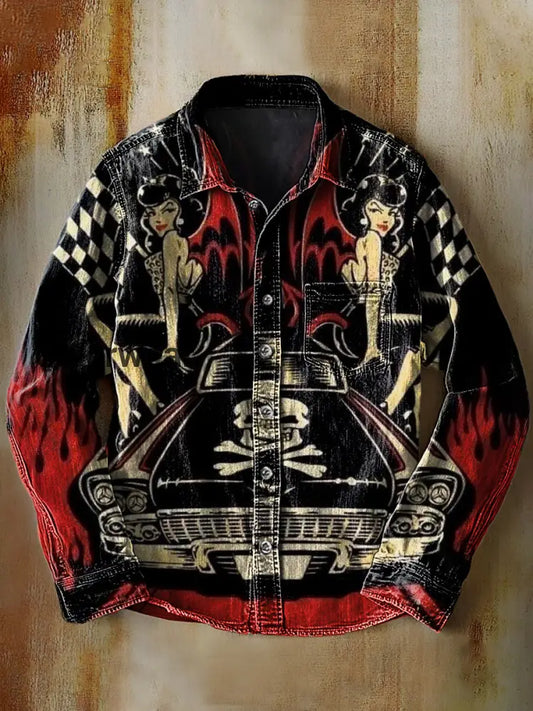 Retro Abstract Gradient Racing Art Print Casual Long Sleeve Shirt A / S