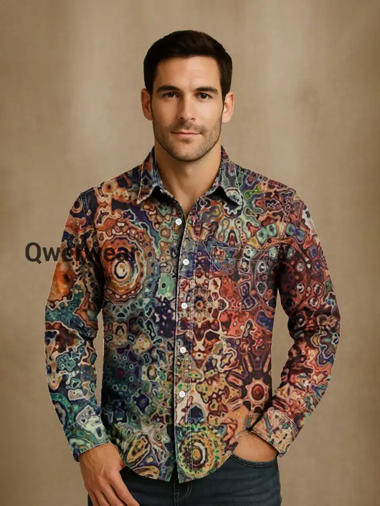 Retro Art Abstract Graffiti Art Print Long Sleeve Casual Shirt Mens shirts