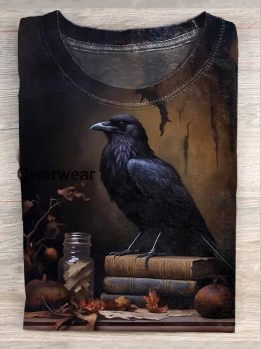 Retro Art Crow Print Casual T-Shirt A / S