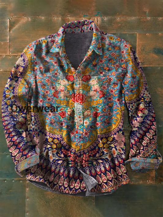 Retro Boho Floral Art Printed Western Vintage Unisex Casual Cotton Long Sleeve Shirt A / S Mens shirts