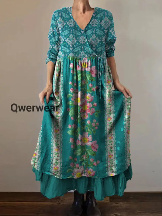 Retro Boho Floral Botany Print Vintage V-Neck Double Hemline Cotton Long Sleeve Midi Dress A / S