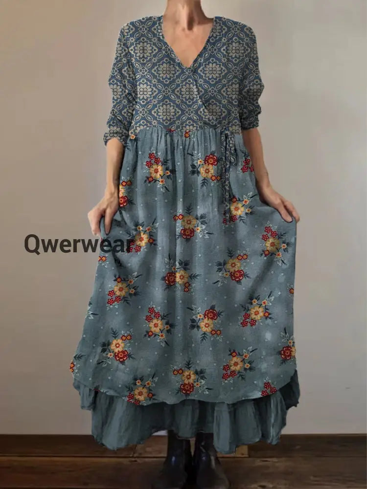 Retro Boho Floral Botany Print Vintage V-Neck Double Hemline Cotton Long Sleeve Midi Dress A / S